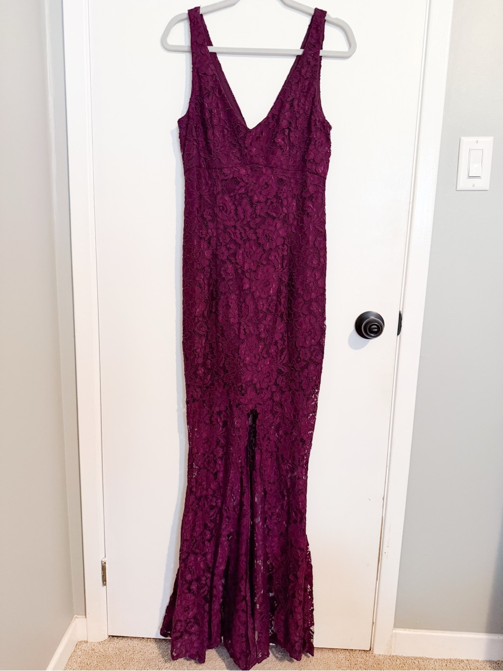 le chateau Wine-Colored Lace V-Neck Prom Gown